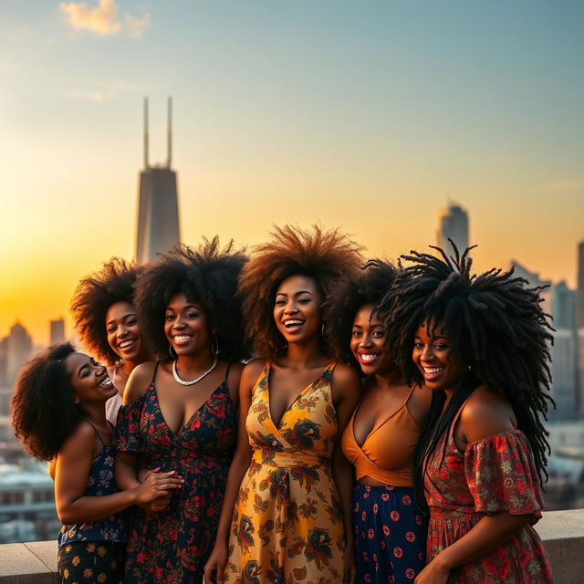 A vibrant group of Afro Latina women representing Colombian, Puerto Rican, Afro Brazilian, Cuban, Dominican, and Jamaican cultures, showcasing a variety of hairstyles including voluminous fros, beautiful curls, and intricate locs