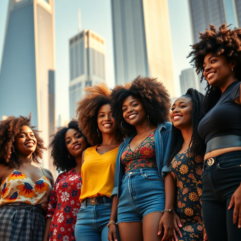 A vibrant and empowering scene showcasing a diverse group of Afro-Latina women, including Cuban, Puerto Rican, Dominican, Brazilian, and Jamaican ethnicities