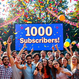 A celebratory image depicting a vibrant and festive atmosphere to celebrate reaching 1000 subscribers on a social media platform
