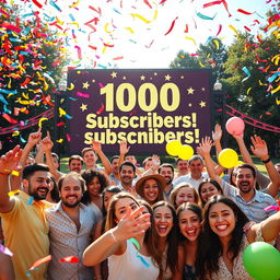 A celebratory image depicting a vibrant and festive atmosphere to celebrate reaching 1000 subscribers on a social media platform