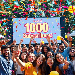 A celebratory image depicting a vibrant and festive atmosphere to celebrate reaching 1000 subscribers on a social media platform
