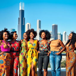 A lively group of Afro Latina women representing Colombian, Puerto Rican, Afro Brazilian, Cuban, Dominican, and Jamaican cultures, standing together with a stunning Chicago skyline in the background