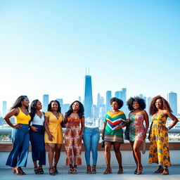 A lively group of Afro Latina women representing Colombian, Puerto Rican, Afro Brazilian, Cuban, Dominican, and Jamaican cultures, standing together with a stunning Chicago skyline in the background