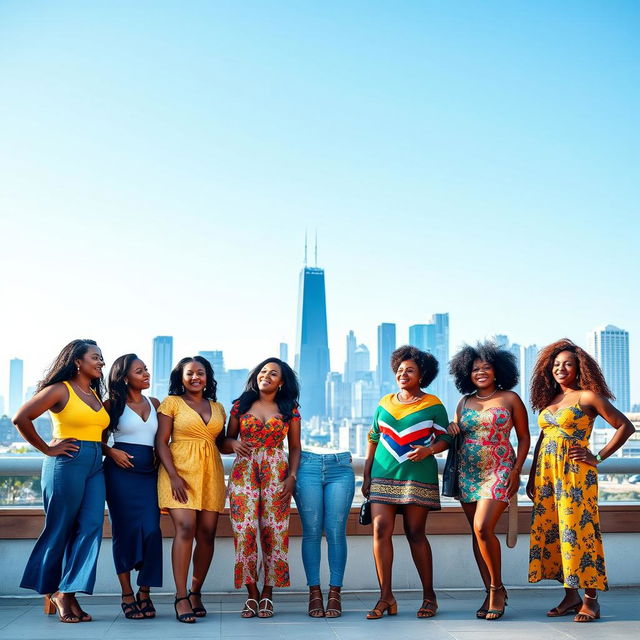 A lively group of Afro Latina women representing Colombian, Puerto Rican, Afro Brazilian, Cuban, Dominican, and Jamaican cultures, standing together with a stunning Chicago skyline in the background