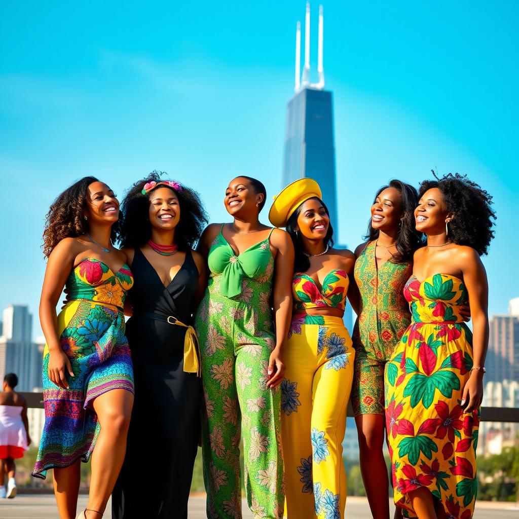 A lively group of Afro Latina women representing Colombian, Puerto Rican, Afro Brazilian, Cuban, Dominican, and Jamaican cultures, standing together with a stunning Chicago skyline in the background