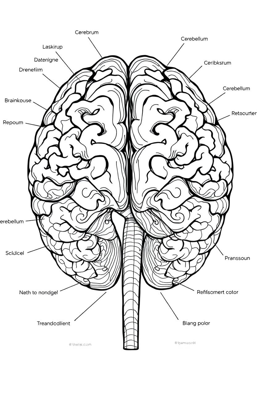 A detailed illustration of human brain anatomy designed for a coloring book