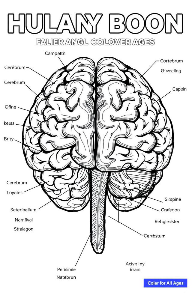 A detailed illustration of human brain anatomy designed for a coloring book