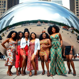 A lively group of Afro Latina women showcasing their stunning skintones ranging from medium to dark brown, standing proudly in front of the iconic Cloud Gate sculpture (also known as 'The Bean') in Chicago's Millennium Park