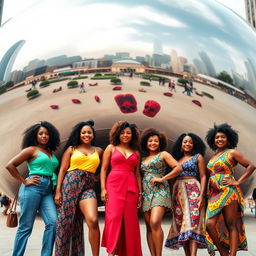 A lively group of Afro Latina women showcasing their stunning skintones ranging from medium to dark brown, standing proudly in front of the iconic Cloud Gate sculpture (also known as 'The Bean') in Chicago's Millennium Park