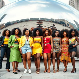 A lively group of Afro Latina women showcasing their stunning skintones ranging from medium to dark brown, standing proudly in front of the iconic Cloud Gate sculpture (also known as 'The Bean') in Chicago's Millennium Park