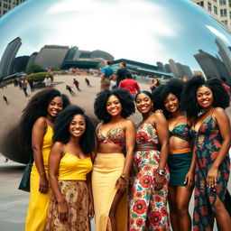 A lively group of Afro Latina women showcasing their stunning skintones ranging from medium to dark brown, standing proudly in front of the iconic Cloud Gate sculpture (also known as 'The Bean') in Chicago's Millennium Park