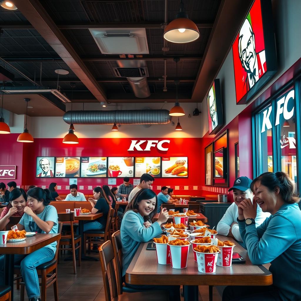 An inviting KFC restaurant interior, showcasing a cozy dining area with colorful red and white decor, wooden furniture, and illuminated menu boards