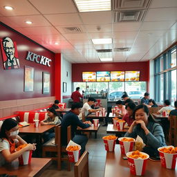 An inviting KFC restaurant interior, showcasing a cozy dining area with colorful red and white decor, wooden furniture, and illuminated menu boards
