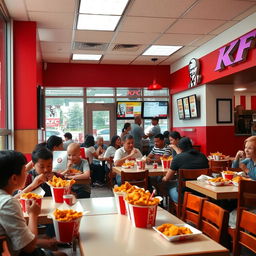An inviting KFC restaurant interior, showcasing a cozy dining area with colorful red and white decor, wooden furniture, and illuminated menu boards
