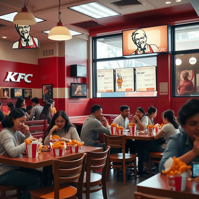 An inviting KFC restaurant interior, showcasing a cozy dining area with colorful red and white decor, wooden furniture, and illuminated menu boards