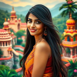 A stunning portrait of a hot Indian woman with long, flowing black hair and striking features, wearing a traditional vibrant saree adorned with intricate patterns