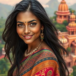 A stunning portrait of a hot Indian woman with long, flowing black hair and striking features, wearing a traditional vibrant saree adorned with intricate patterns