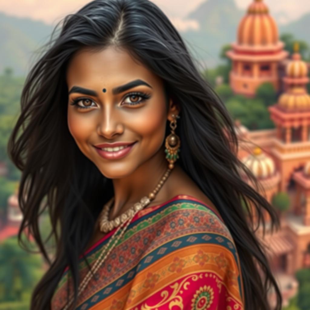 A stunning portrait of a hot Indian woman with long, flowing black hair and striking features, wearing a traditional vibrant saree adorned with intricate patterns
