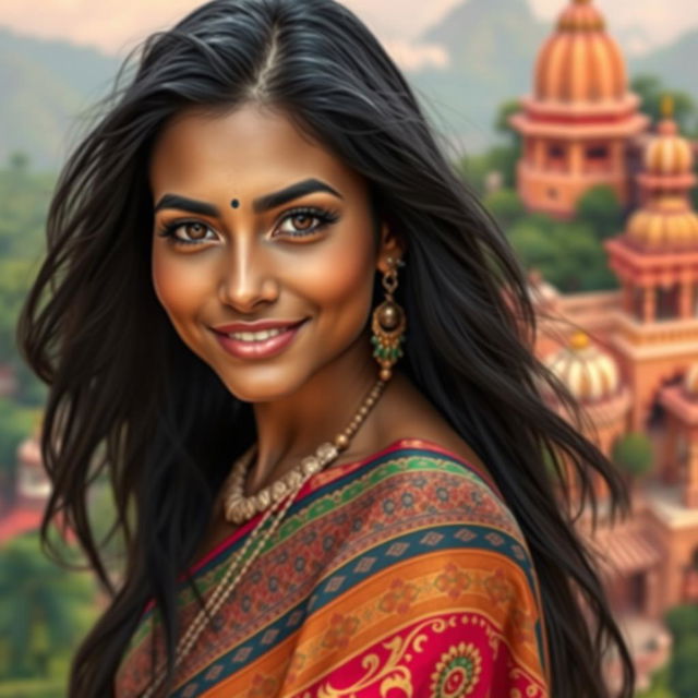 A stunning portrait of a hot Indian woman with long, flowing black hair and striking features, wearing a traditional vibrant saree adorned with intricate patterns