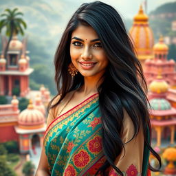 A stunning portrait of a hot Indian woman with long, flowing black hair and striking features, wearing a traditional vibrant saree adorned with intricate patterns