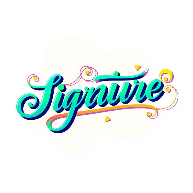 A digital illustration featuring a modern, colorful style signature that combines elegant swirls and bold letters