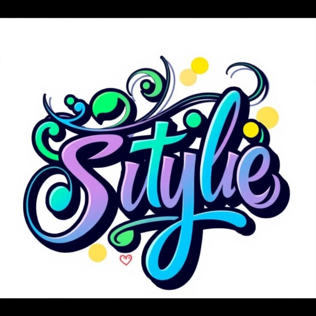 A digital illustration featuring a modern, colorful style signature that combines elegant swirls and bold letters