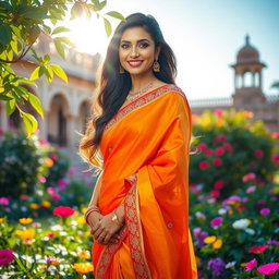 A stunningly beautiful Indian woman in a vibrant saree, elegantly draped and adorned with intricate embroidery, standing gracefully in a lush garden filled with colorful flowers