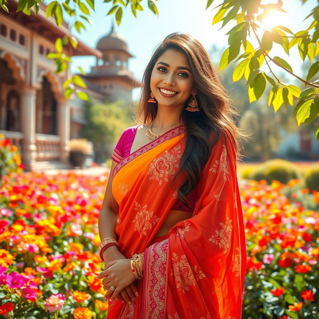 A stunningly beautiful Indian woman in a vibrant saree, elegantly draped and adorned with intricate embroidery, standing gracefully in a lush garden filled with colorful flowers
