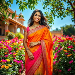 A stunningly beautiful Indian woman in a vibrant saree, elegantly draped and adorned with intricate embroidery, standing gracefully in a lush garden filled with colorful flowers