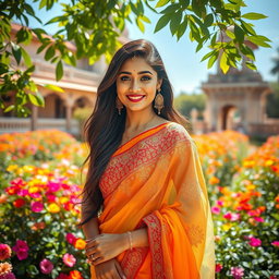 A stunningly beautiful Indian woman in a vibrant saree, elegantly draped and adorned with intricate embroidery, standing gracefully in a lush garden filled with colorful flowers
