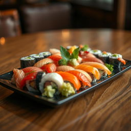 A close-up photo of a beautifully arranged plate of sushi, featuring a variety of colorful nigiri and maki rolls, garnished with pickled ginger, wasabi, and decorative green leaves