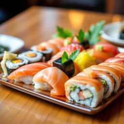 A close-up photo of a beautifully arranged plate of sushi, featuring a variety of colorful nigiri and maki rolls, garnished with pickled ginger, wasabi, and decorative green leaves