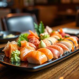 A close-up photo of a beautifully arranged plate of sushi, featuring a variety of colorful nigiri and maki rolls, garnished with pickled ginger, wasabi, and decorative green leaves