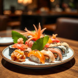 A close-up photo of a beautifully arranged plate of sushi, featuring a variety of colorful nigiri and maki rolls, garnished with pickled ginger, wasabi, and decorative green leaves