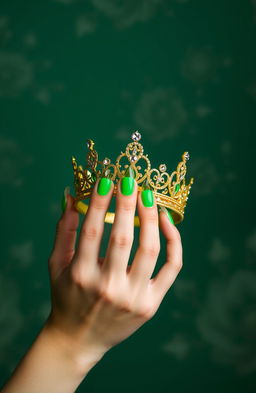 A beautiful female hand, softly glowing in a vibrant green hue, gracefully holding an intricate golden crown adorned with sparkling gemstones