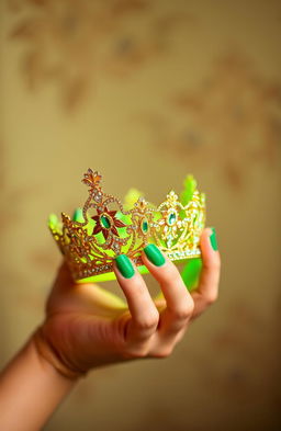 A beautiful female hand, softly glowing in a vibrant green hue, gracefully holding an intricate golden crown adorned with sparkling gemstones