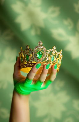 A beautiful female hand, softly glowing in a vibrant green hue, gracefully holding an intricate golden crown adorned with sparkling gemstones