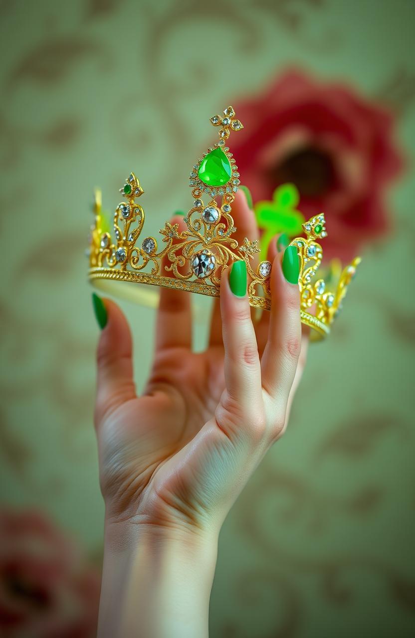 A beautiful female hand, softly glowing in a vibrant green hue, gracefully holding an intricate golden crown adorned with sparkling gemstones