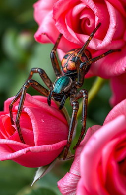 A large, intricately detailed spider elegantly feeding on tender, lush roses
