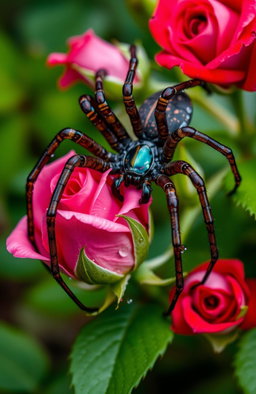 A large, intricately detailed spider elegantly feeding on tender, lush roses