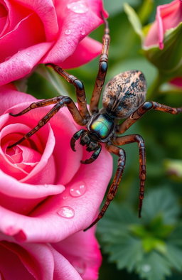 A large, intricately detailed spider elegantly feeding on tender, lush roses