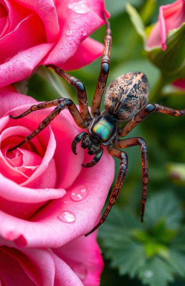 A large, intricately detailed spider elegantly feeding on tender, lush roses