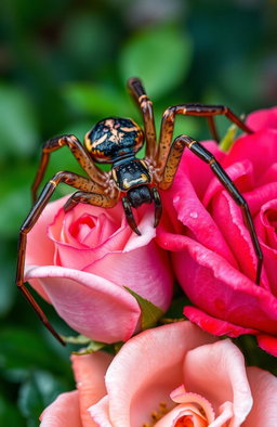 A large, intricately detailed spider elegantly feeding on tender, lush roses