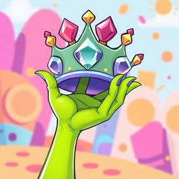 A whimsical cartoon-style illustration of a female hand colored in a bright, vibrant green, playfully holding a stylized crown with exaggerated shapes and shiny effects