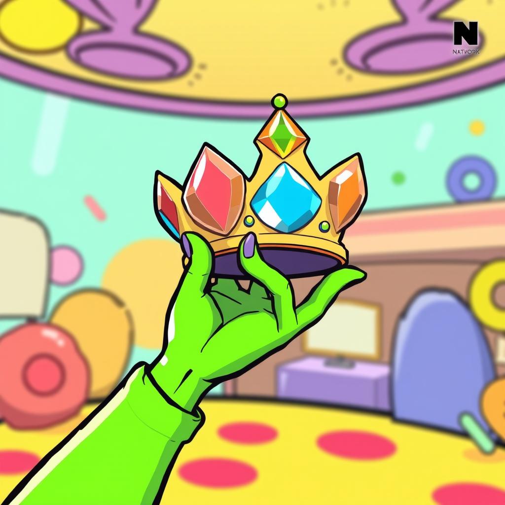 A whimsical cartoon-style illustration of a female hand colored in a bright, vibrant green, playfully holding a stylized crown with exaggerated shapes and shiny effects