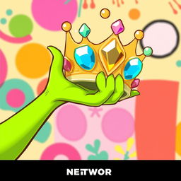 A whimsical cartoon-style illustration of a female hand colored in a bright, vibrant green, playfully holding a stylized crown with exaggerated shapes and shiny effects