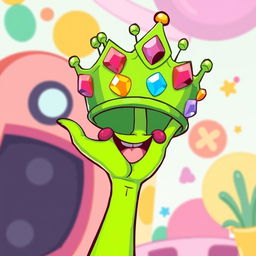 A whimsical cartoon-style illustration of a female hand colored in a bright, vibrant green, playfully holding a stylized crown with exaggerated shapes and shiny effects
