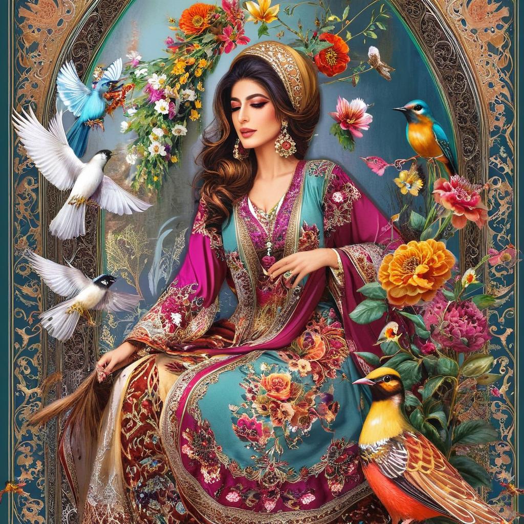 Beautiful Iranian woman in colorful clothes with beauty flowers and small birds