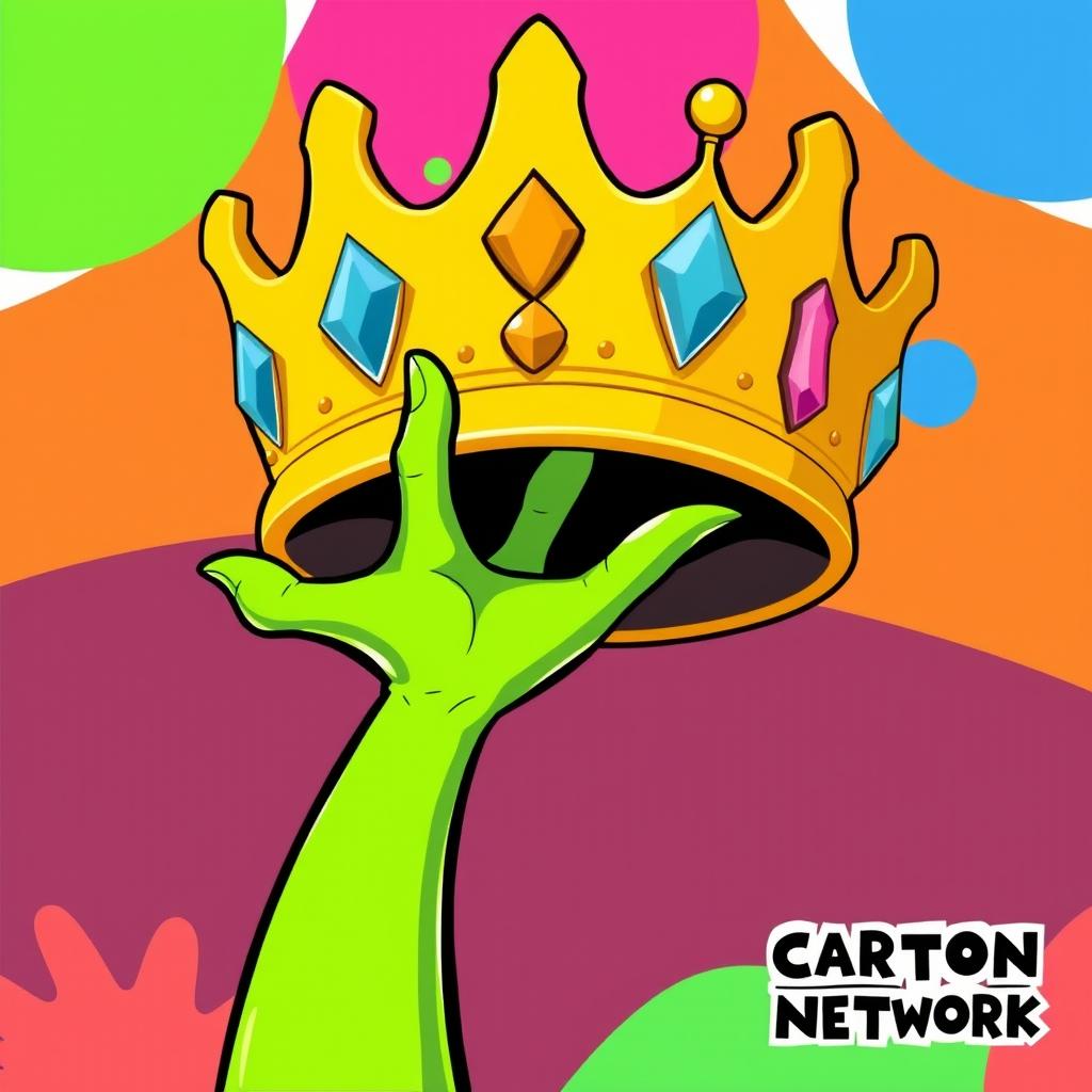 A vibrant, cartoon-style illustration of a female hand in a bright green color, playfully holding a large, stylized crown