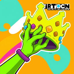 A vibrant, cartoon-style illustration of a female hand in a bright green color, playfully holding a large, stylized crown